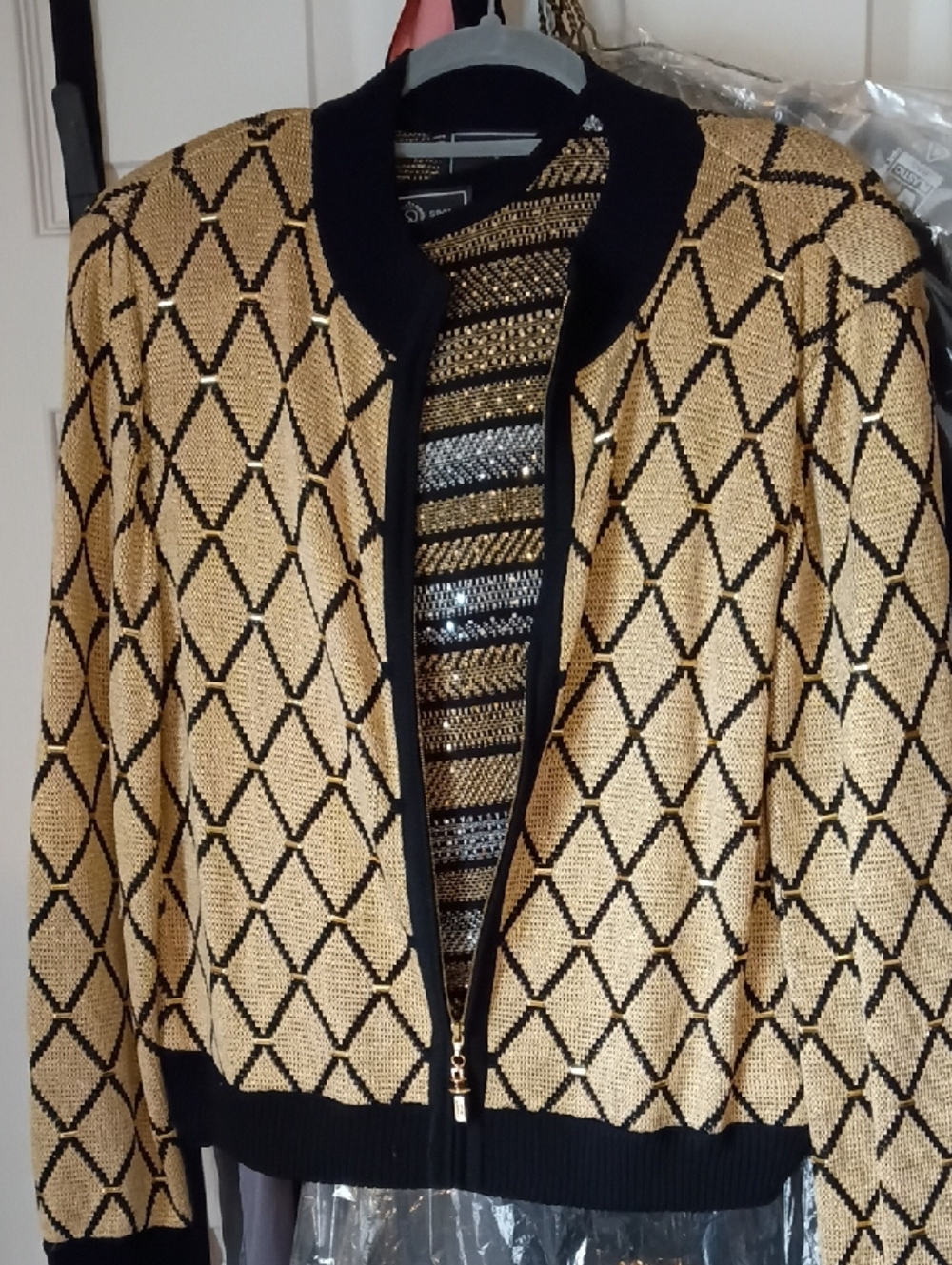 St. John Sport by Marie Gray Gold and Black Geometric Zip Bomber Jacket